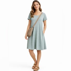 FREE FLY Womens Bamboo Dockside Sagebrush/White Stripe Tee Shirt Dress ~ Small